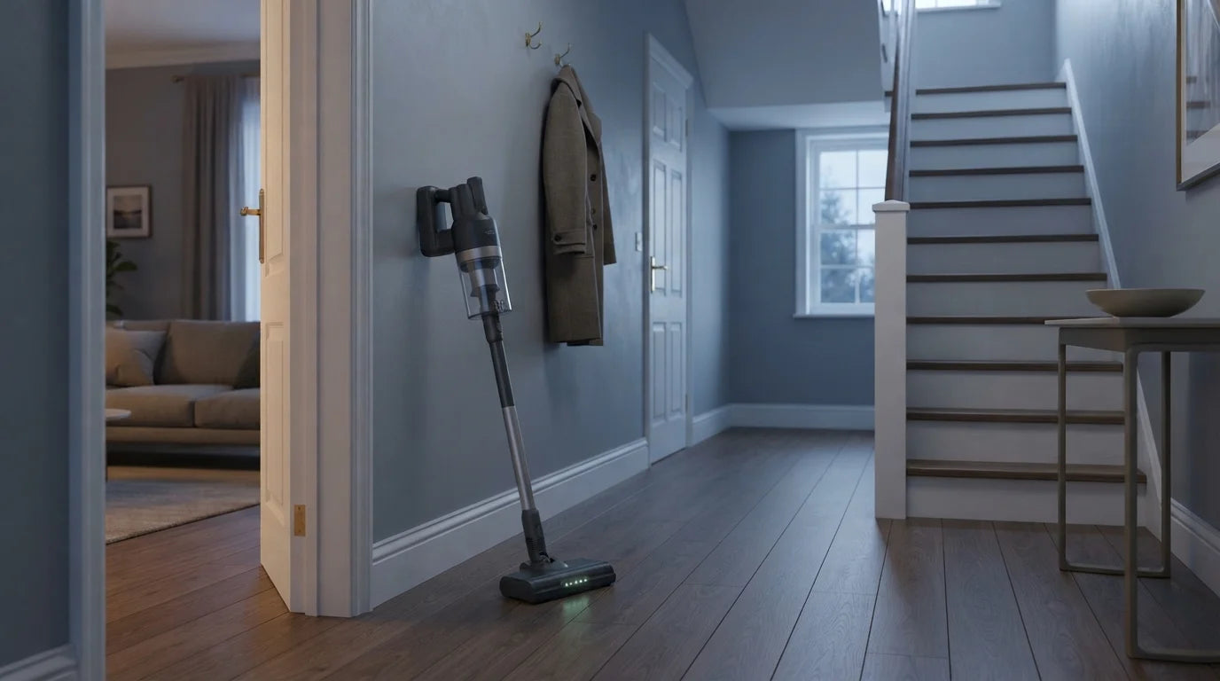 A quiet hallway in the evening with the Vekto Stick standing on its own by the front door