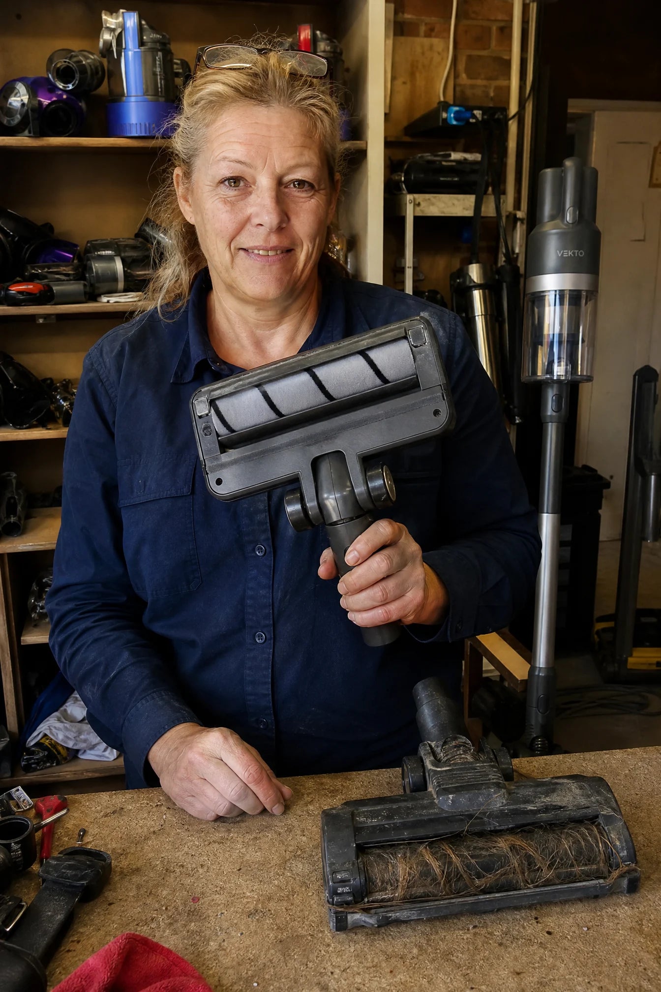 Gwen, a vacuum repair engineer, in her workshop holding the clean Vekto Stick floor head with a hair-wrapped rival head on the bench beside her
