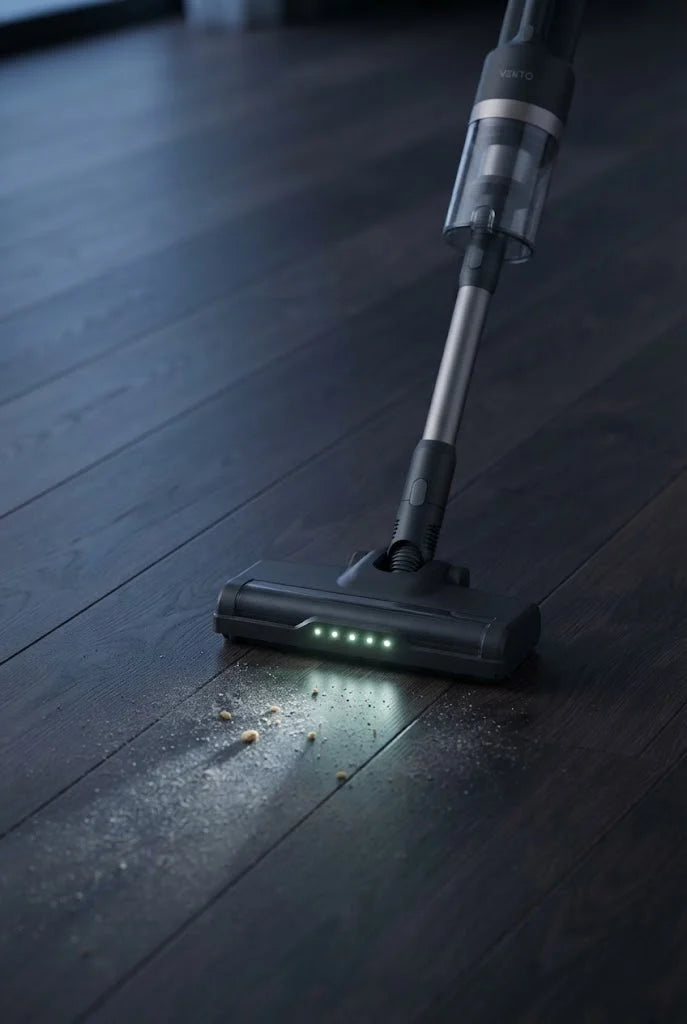 The green lights on the Vekto Stick floor head throwing a low beam across a dark wooden floor and showing the dust