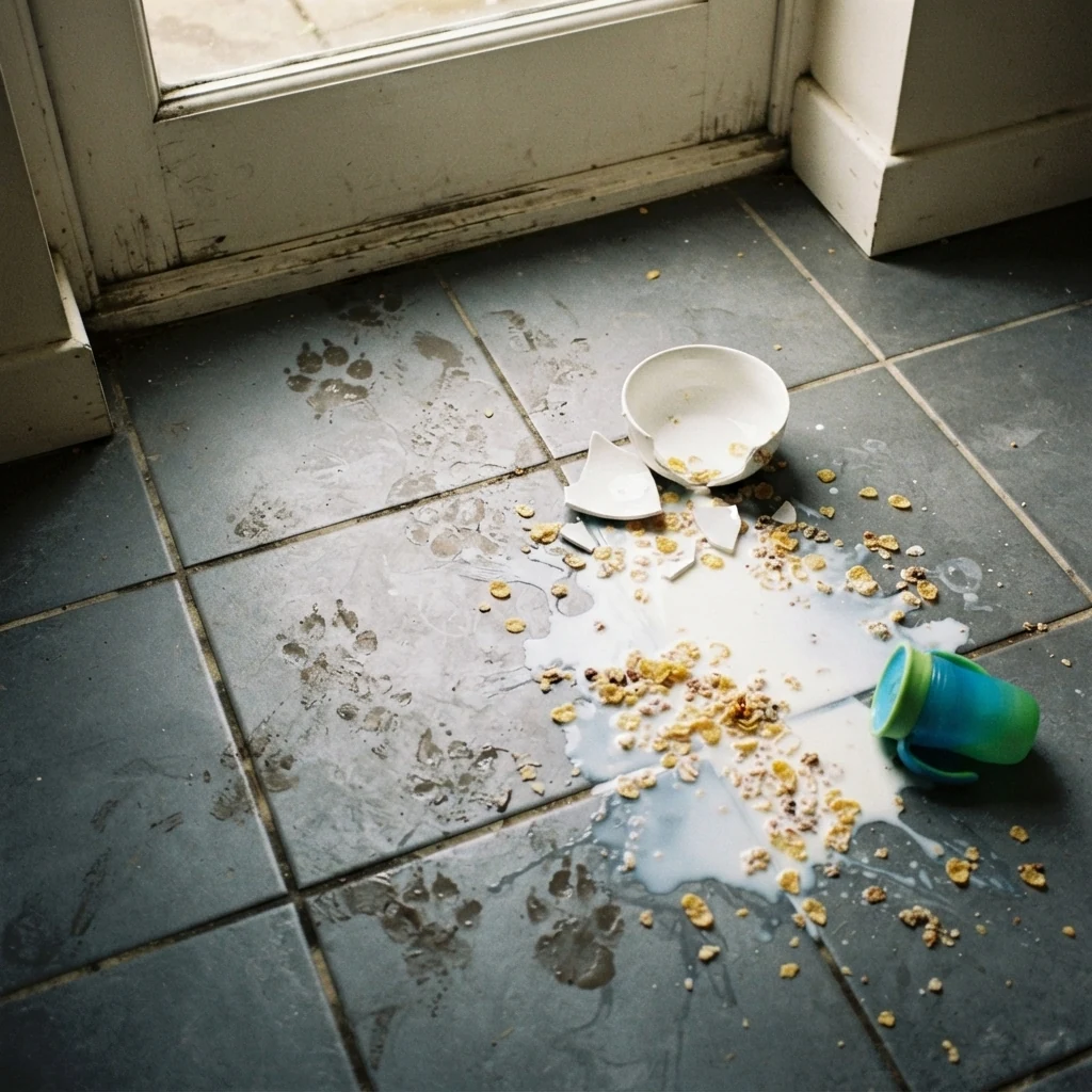 A spray mop smearing muddy paw prints across pale LVT, the floor left wet and streaky