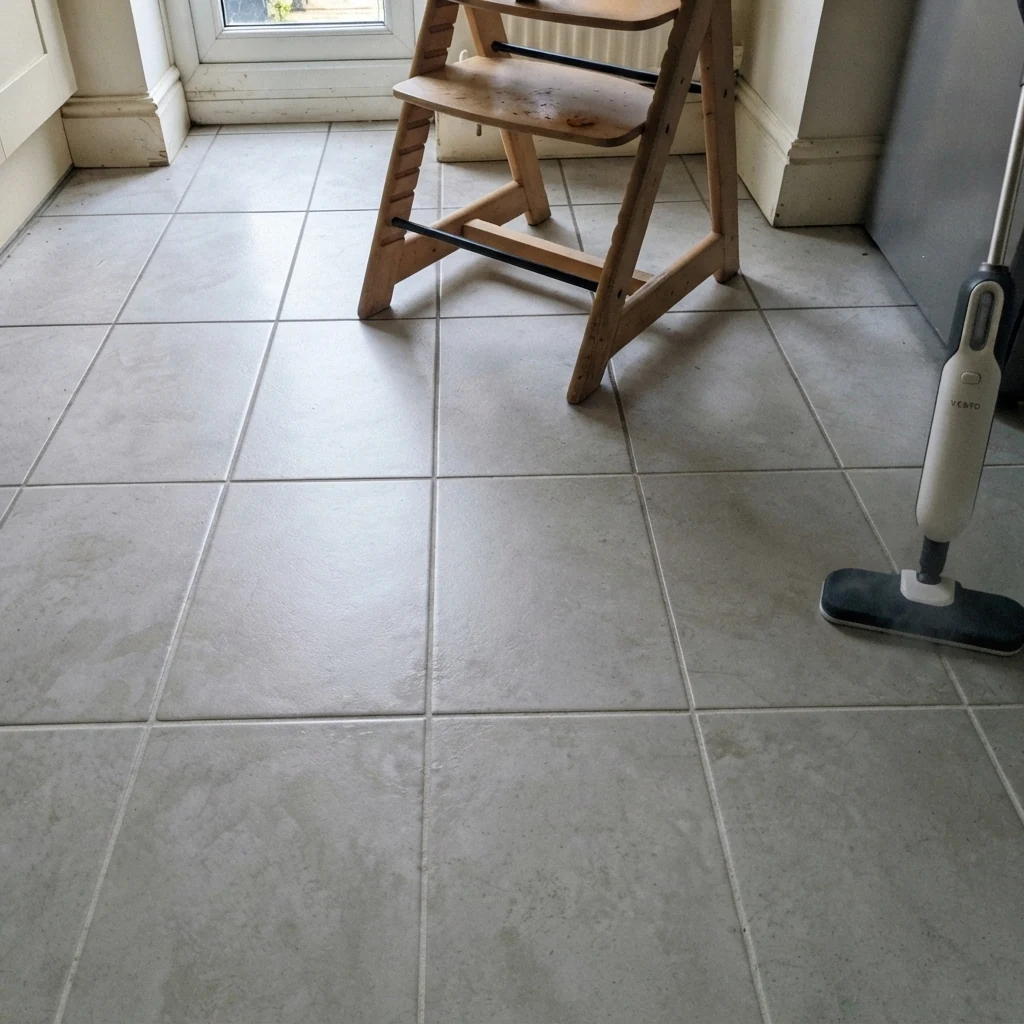 The same tiles after the Vekto Steam Mop S20, grout white and the surface clean and dry
