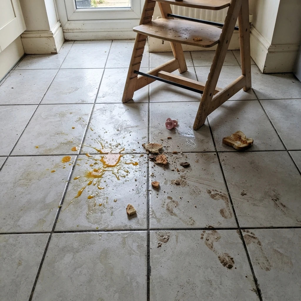 Kitchen floor tiles with grey grout lines and a dull sticky patch after a mop and bucket