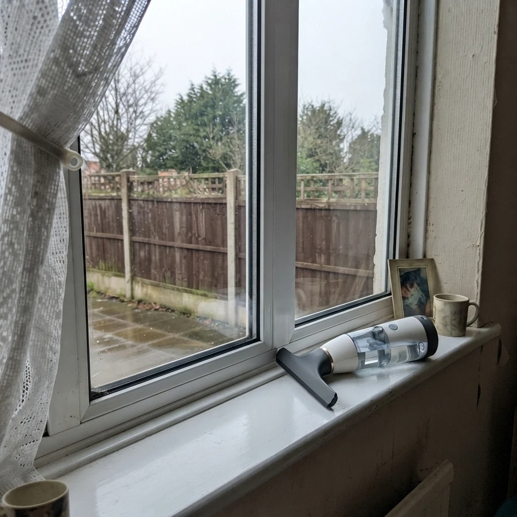 The same window clear and dry after the Vekto Window Vac W10, the sill dry and the tank holding the water