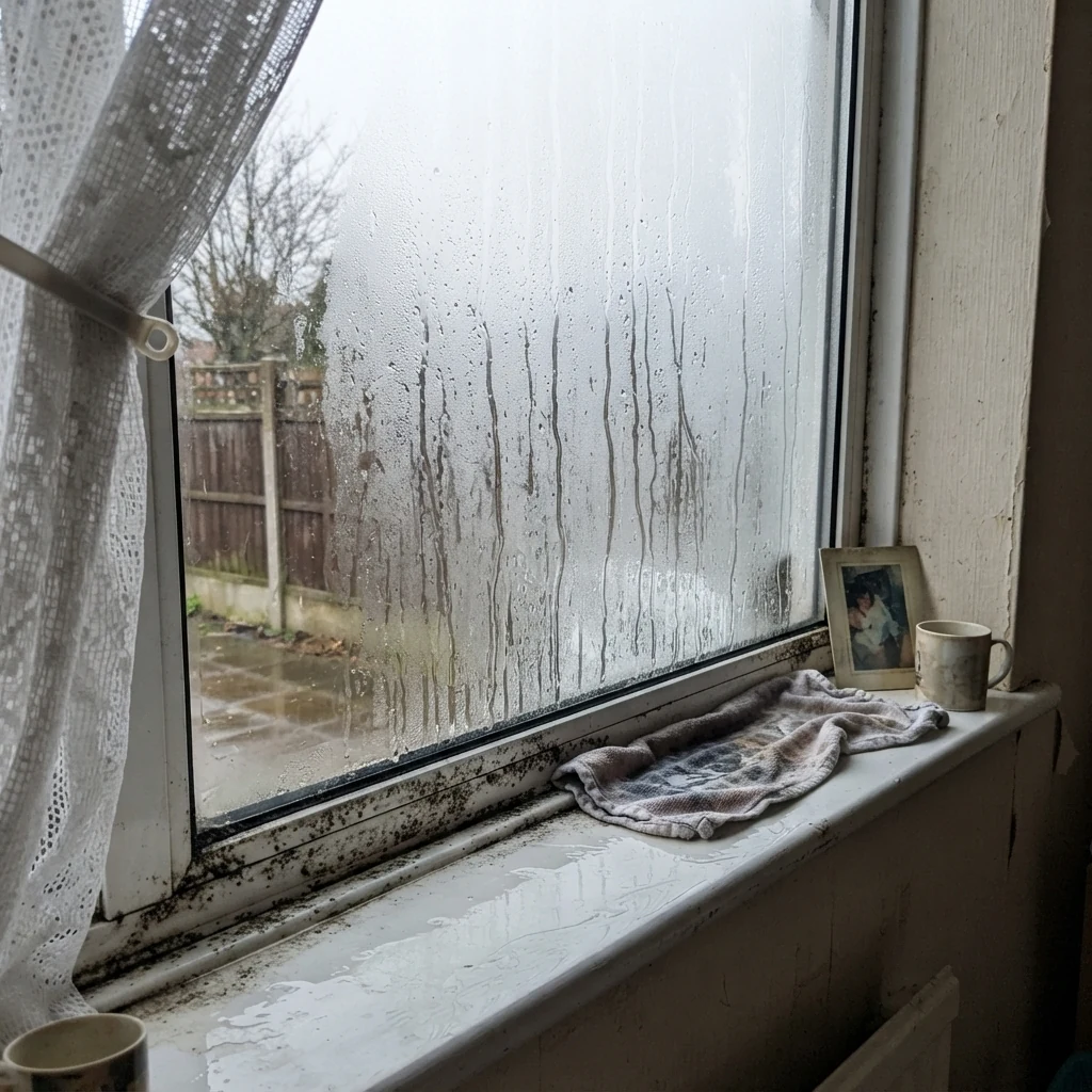 A uPVC bedroom window running with condensation, water pooled along the bottom seal and a wet towel on the sill